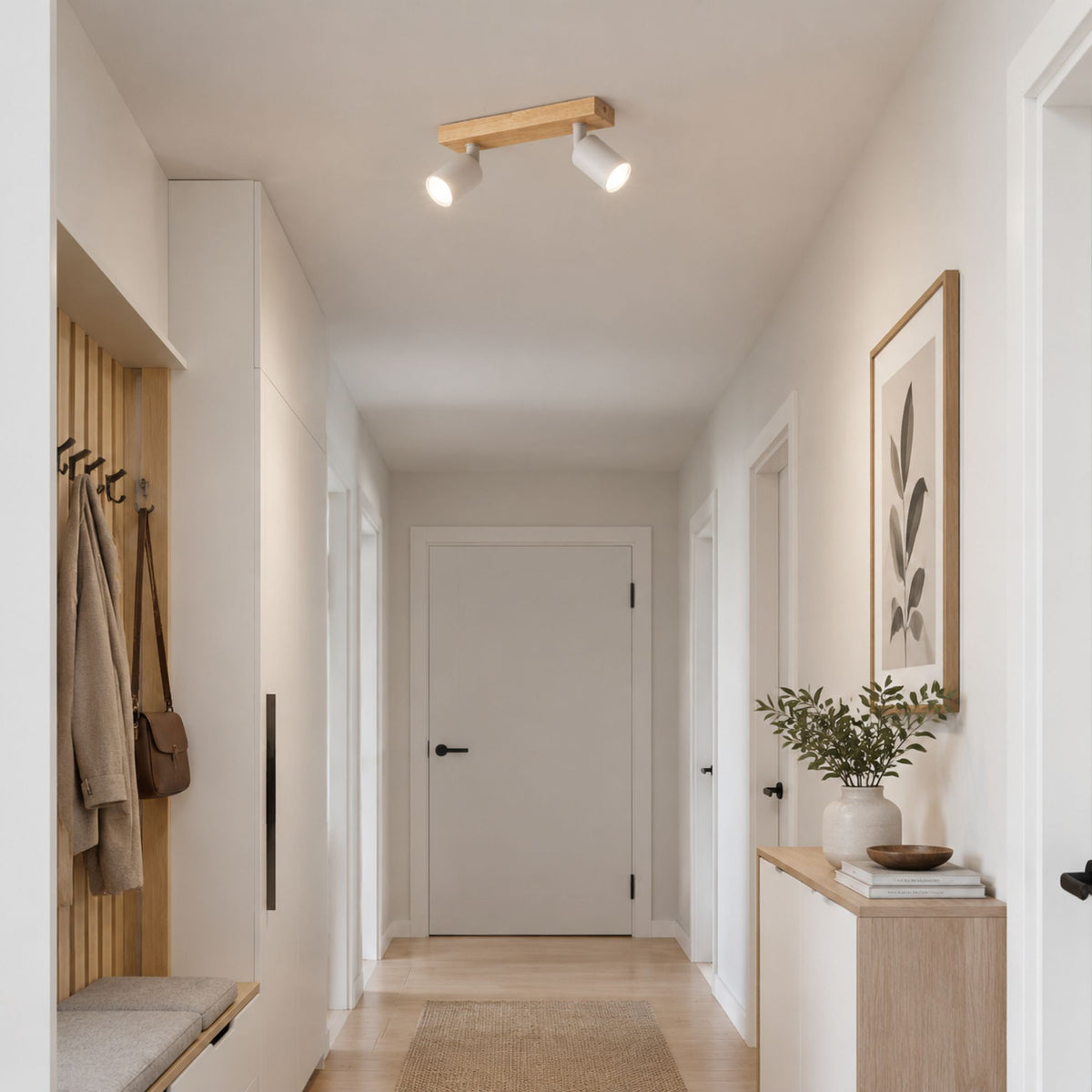 plafonnier spot style nordique bois naturel 2 spots blanc couloir