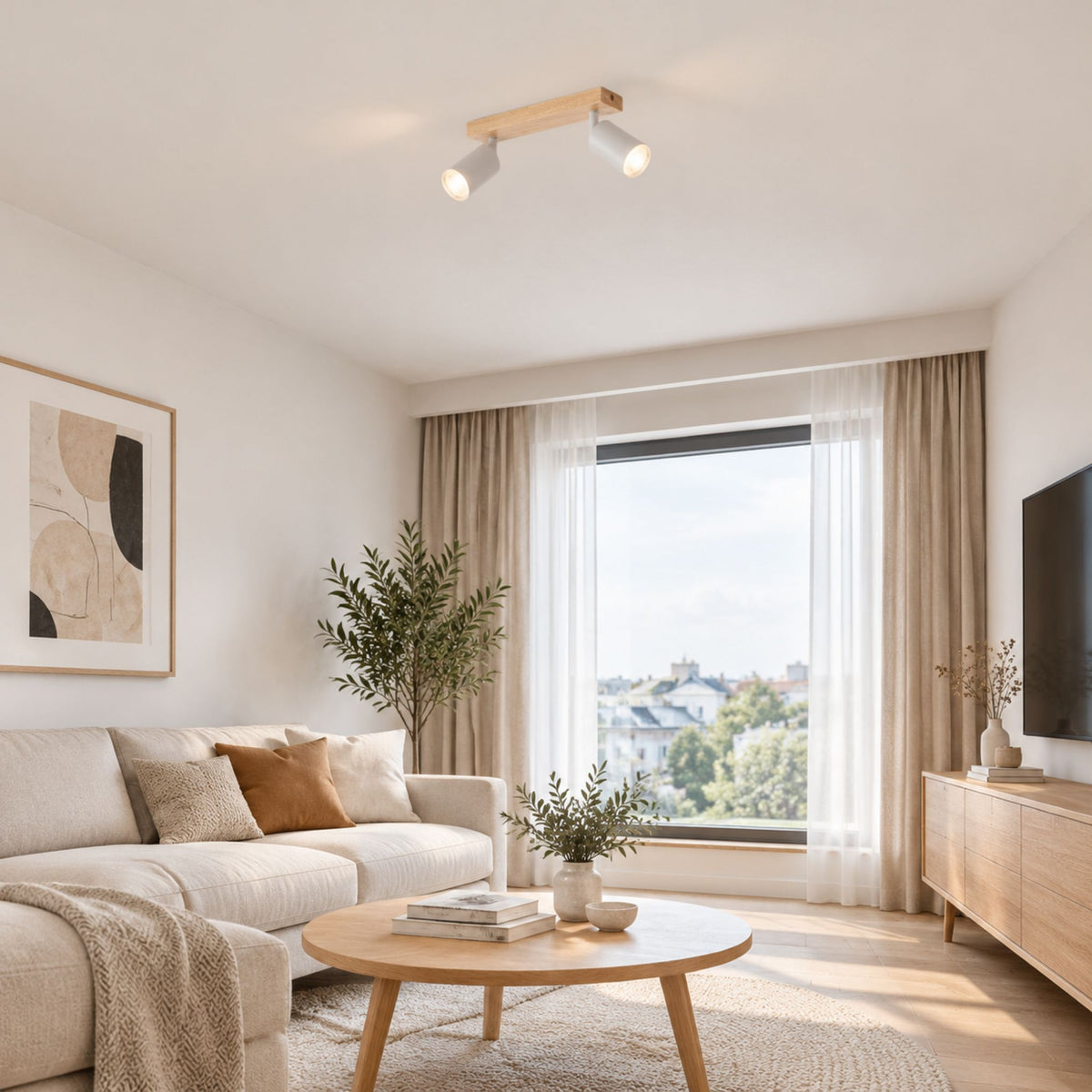plafonnier spot style nordique bois naturel 2 spots blanc sejour