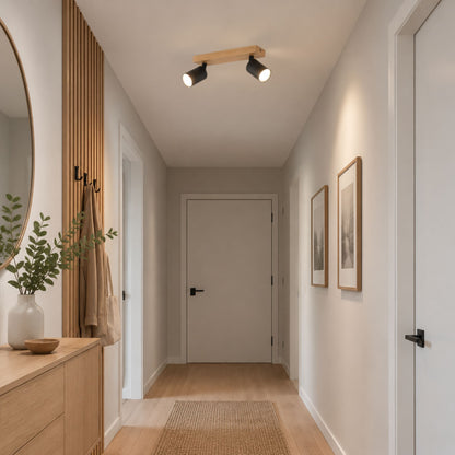 plafonnier spot style nordique bois naturel 2 spots noir couloir
