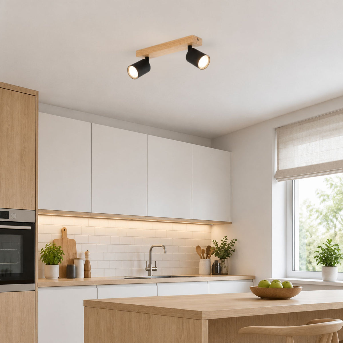 plafonnier spot style nordique bois naturel 2 spots noir cuisine