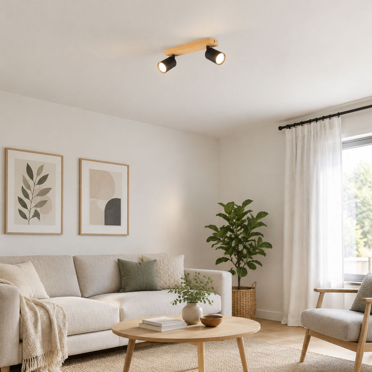 plafonnier spot style nordique bois naturel 2 spots noir sejour