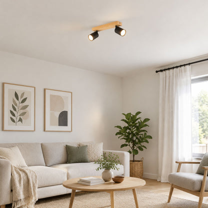 plafonnier spot style nordique bois naturel 2 spots noir sejour
