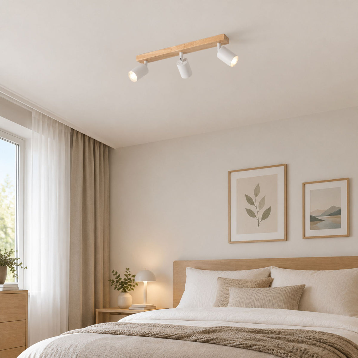 plafonnier spot style nordique bois naturel 3 spots blanc chambre