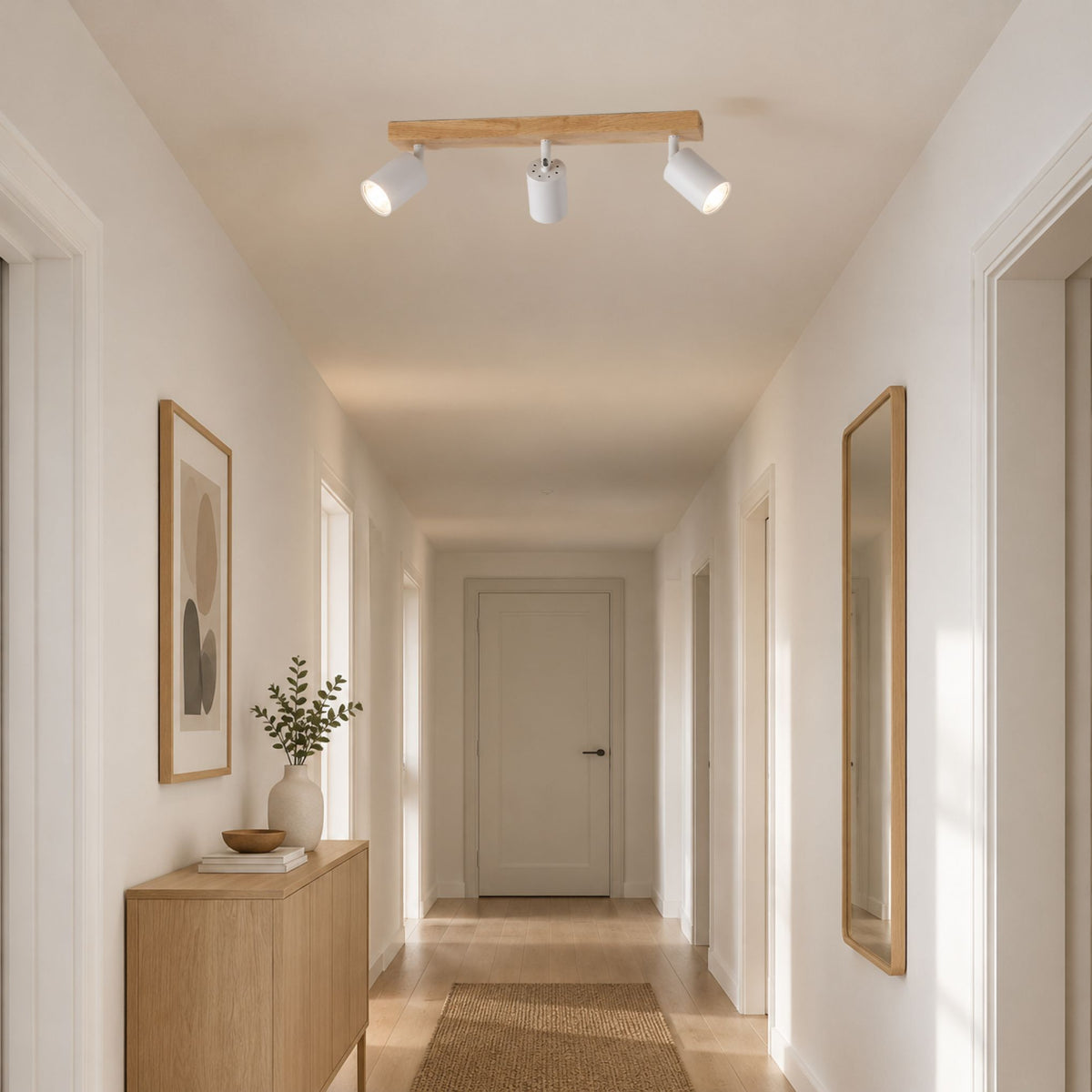 plafonnier spot style nordique bois naturel 3 spots blanc couloir