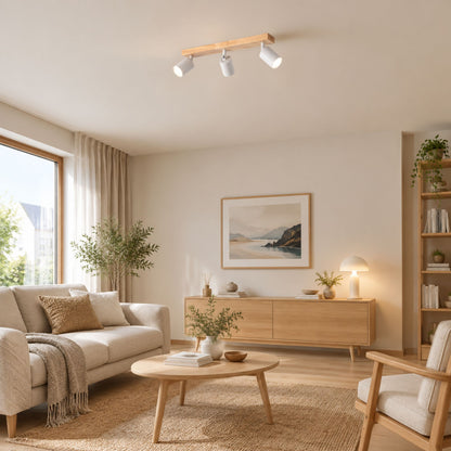 plafonnier spot style nordique bois naturel 3 spots blanc sejour