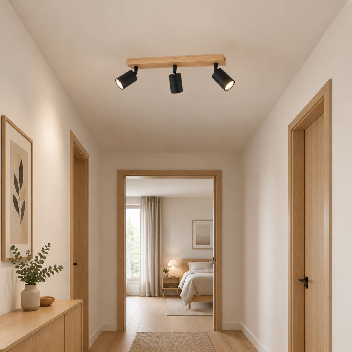 plafonnier spot style nordique bois naturel 3 spots noir couloir