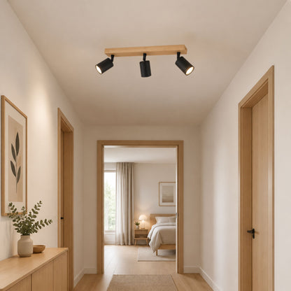 plafonnier spot style nordique bois naturel 3 spots noir couloir