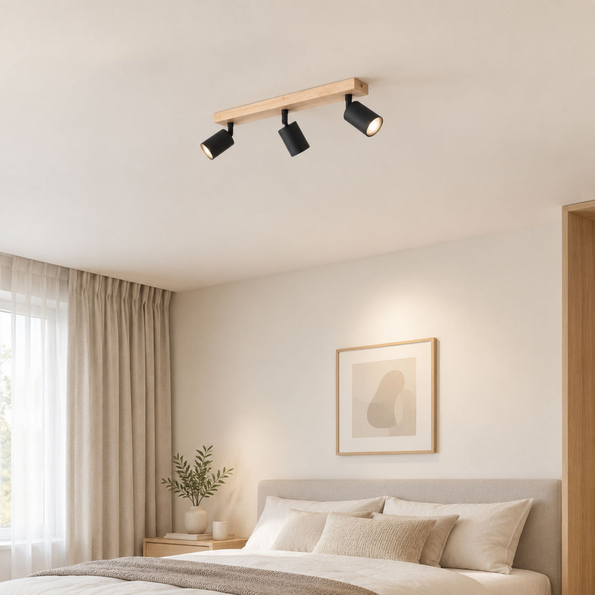 plafonnier spot style nordique bois naturel 3 spots noir interieur chambre