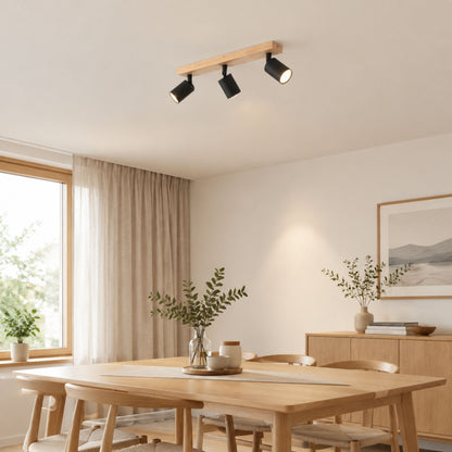 plafonnier spot style nordique bois naturel 3 spots noir salle manger