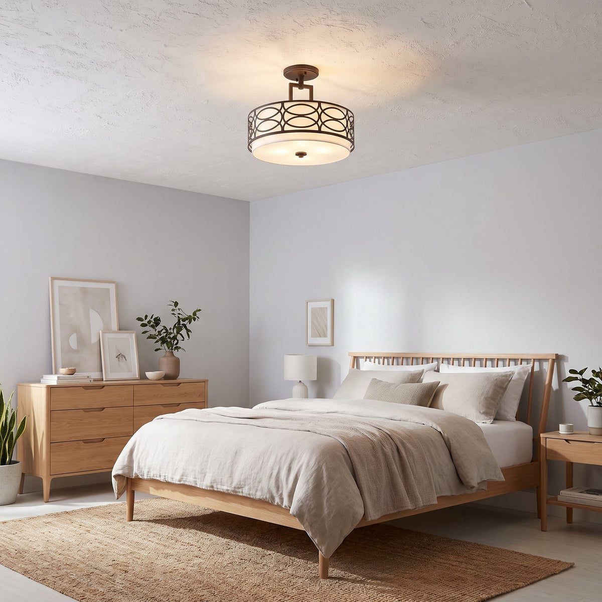 plafonnier tambour art deco bronze huile allumee chambre