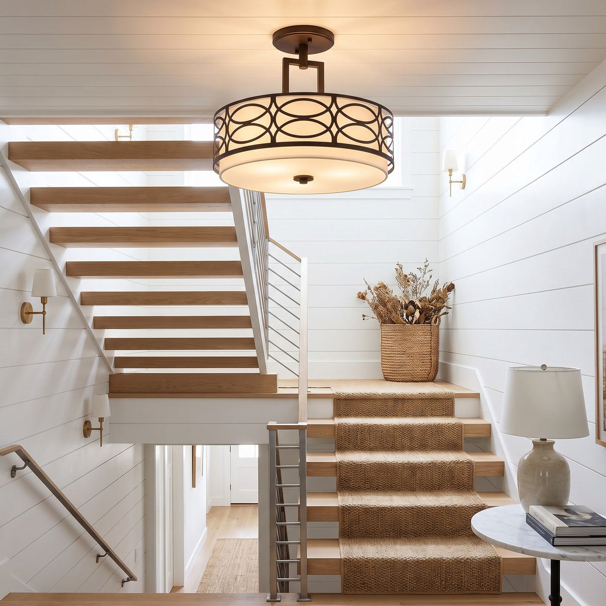 plafonnier tambour art deco bronze huile escalier