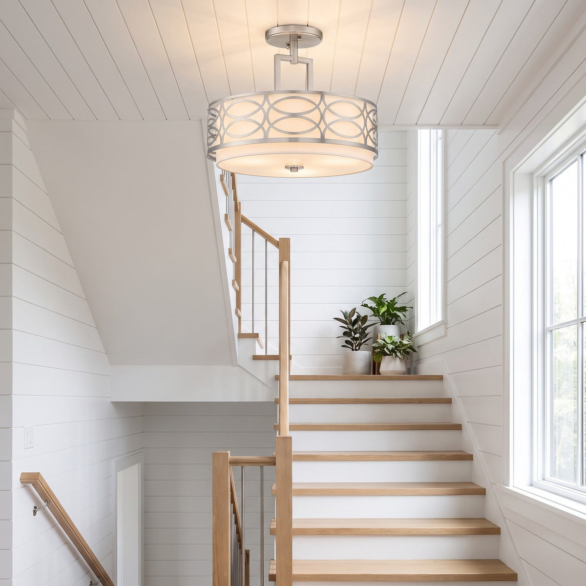plafonnier tambour art deco couleur nickel escalier
